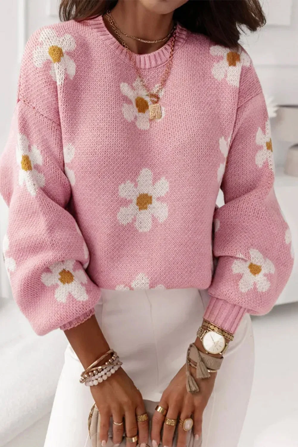 Women's Floral Pattern Drop Shoulder Pink Sweater