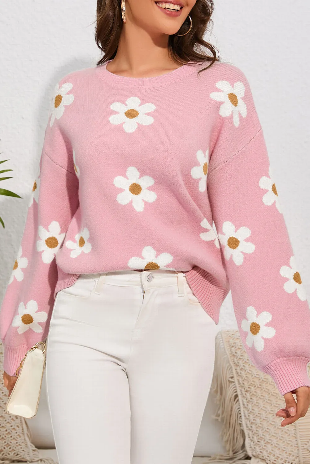 Women's Floral Pattern Drop Shoulder Pink Sweater