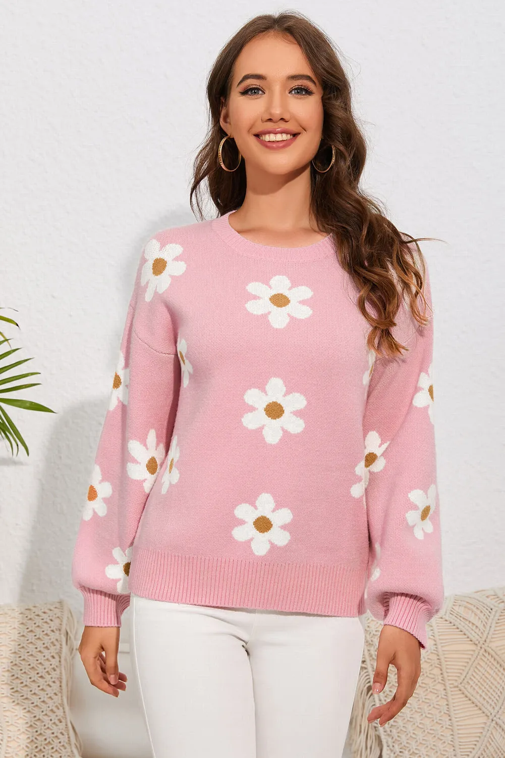 Women's Floral Pattern Drop Shoulder Pink Sweater