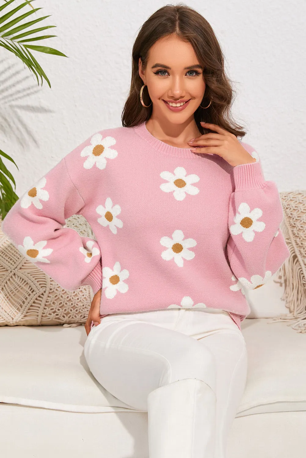 Women's Floral Pattern Drop Shoulder Pink Sweater