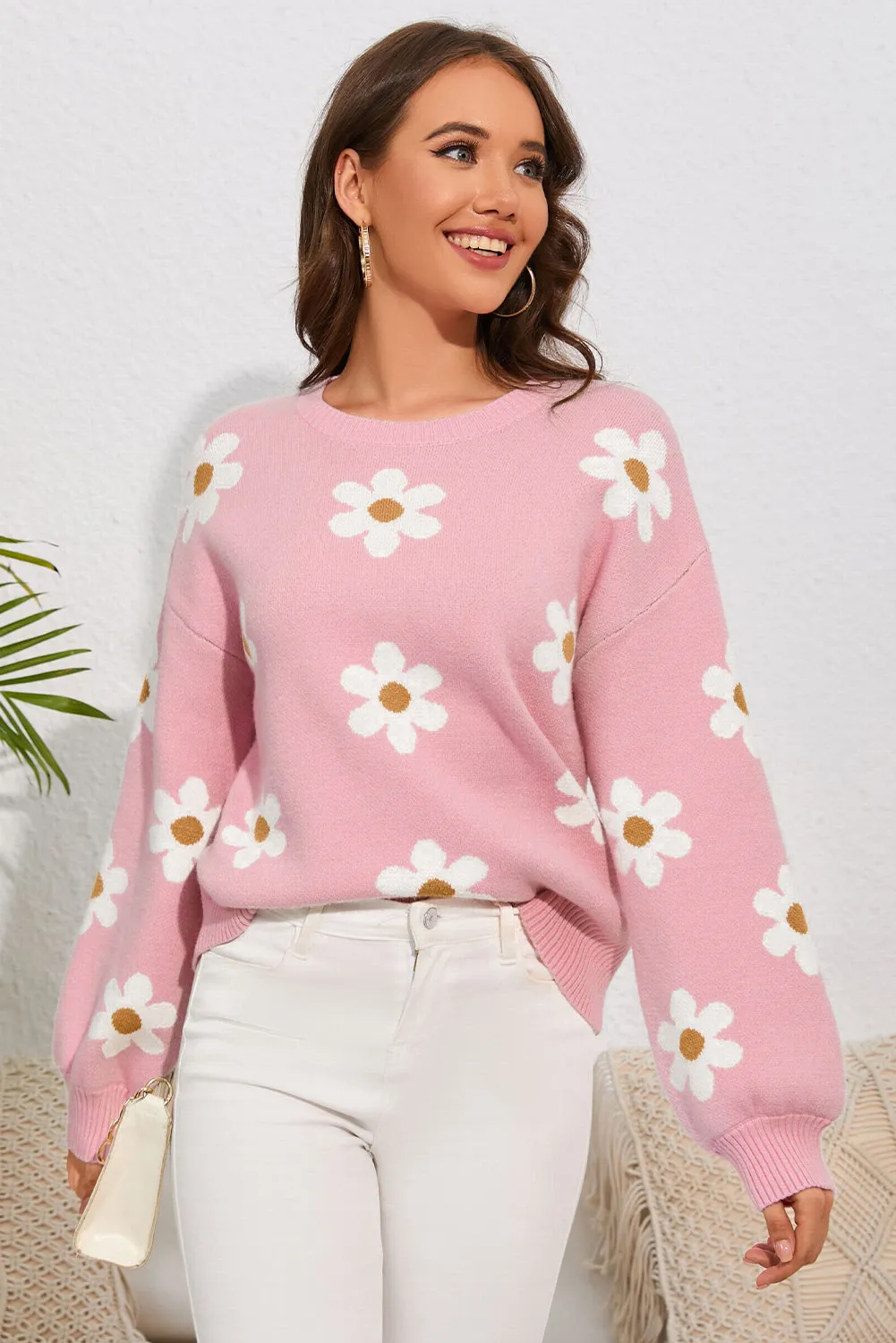 Women's Floral Pattern Drop Shoulder Pink Sweater