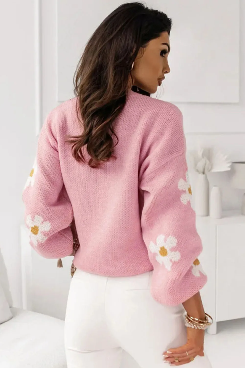 Women's Floral Pattern Drop Shoulder Pink Sweater