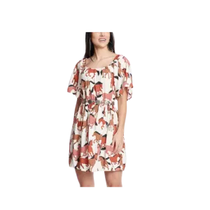 Wrangler Women's Retro Cream Horses Print Short Flutter Sleeve Brown Dress